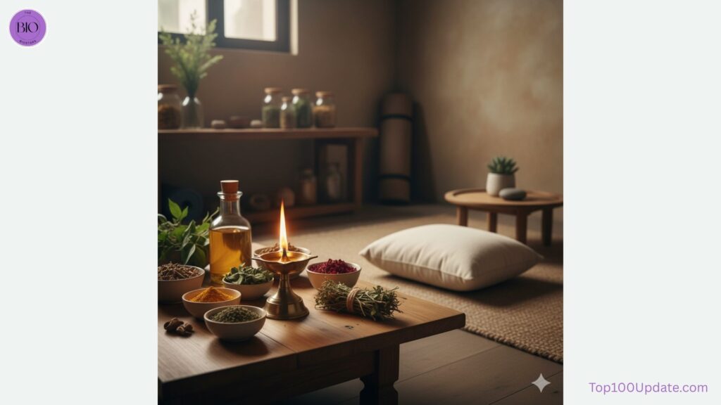 Ayurvedic concept of Nidra with natural herbs and balance of doshas.