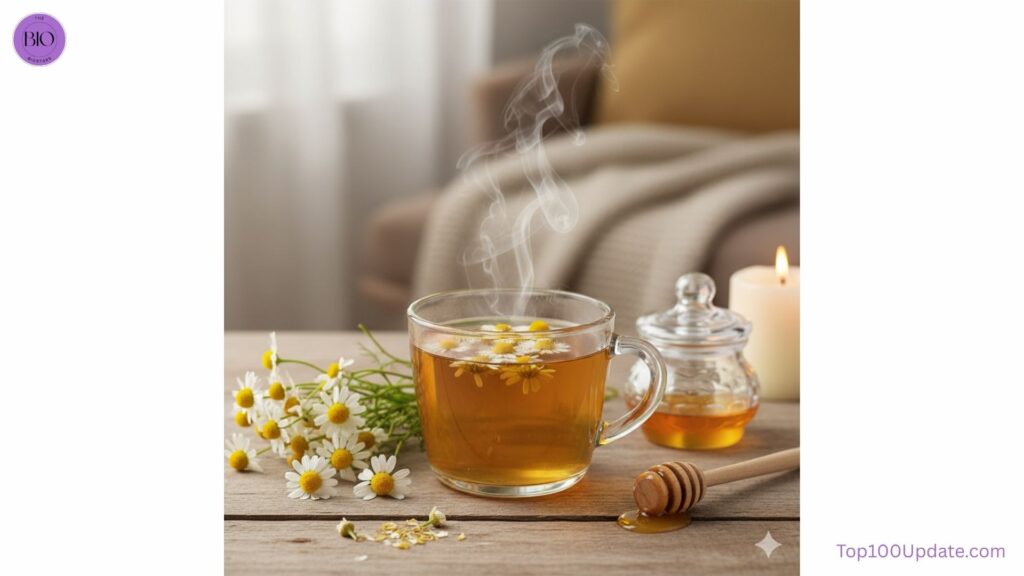 Chamomile tea with flowers – natural remedy for insomnia.