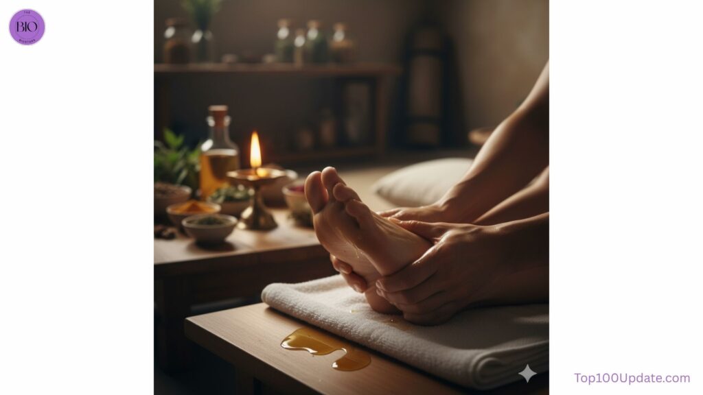 Ayurvedic foot massage with warm oil before bedtime.