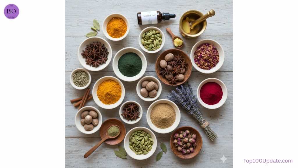 Ashwagandha, Brahmi, and Jatamansi herbs for relaxation and sleep.